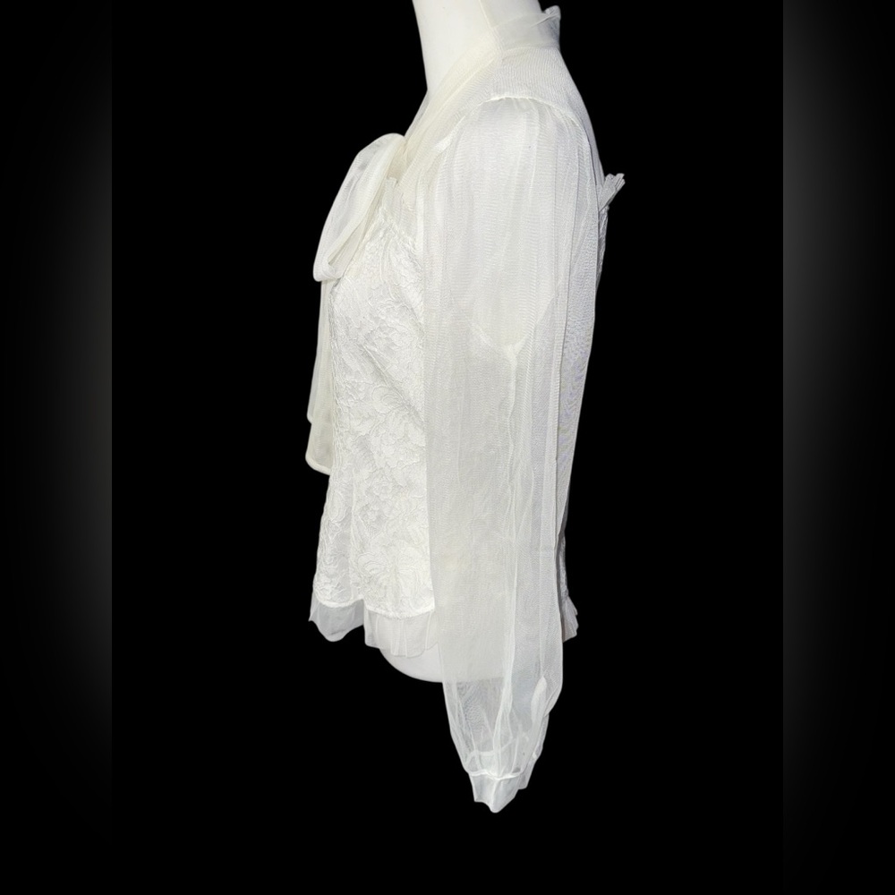 Impulsive white lace blouse with a bow collar and sheer sleeves sz Large - Picture 5 of 10